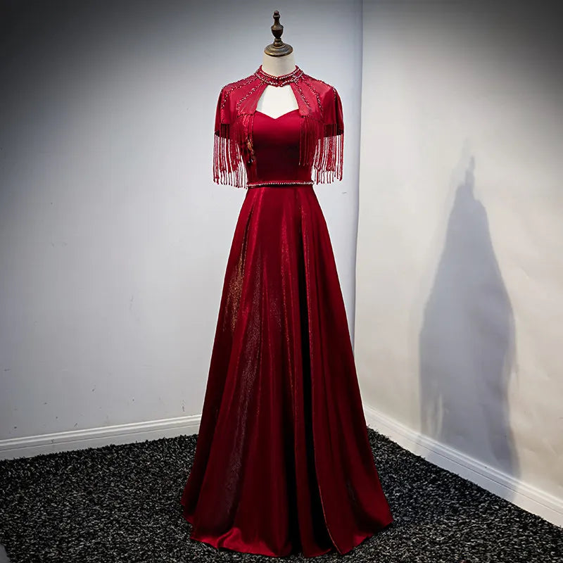 Red Evening Gown With Beaded Fringe