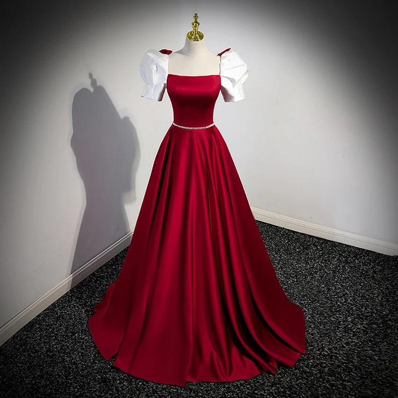 formal long dress wedding guest Wine Red Long Prom Dress with Notched Neckline Wine / 4