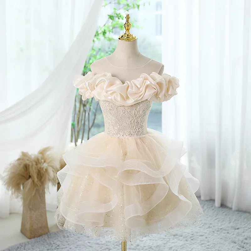 Off-Shoulder Lace Ruffled Layered Dress for Events