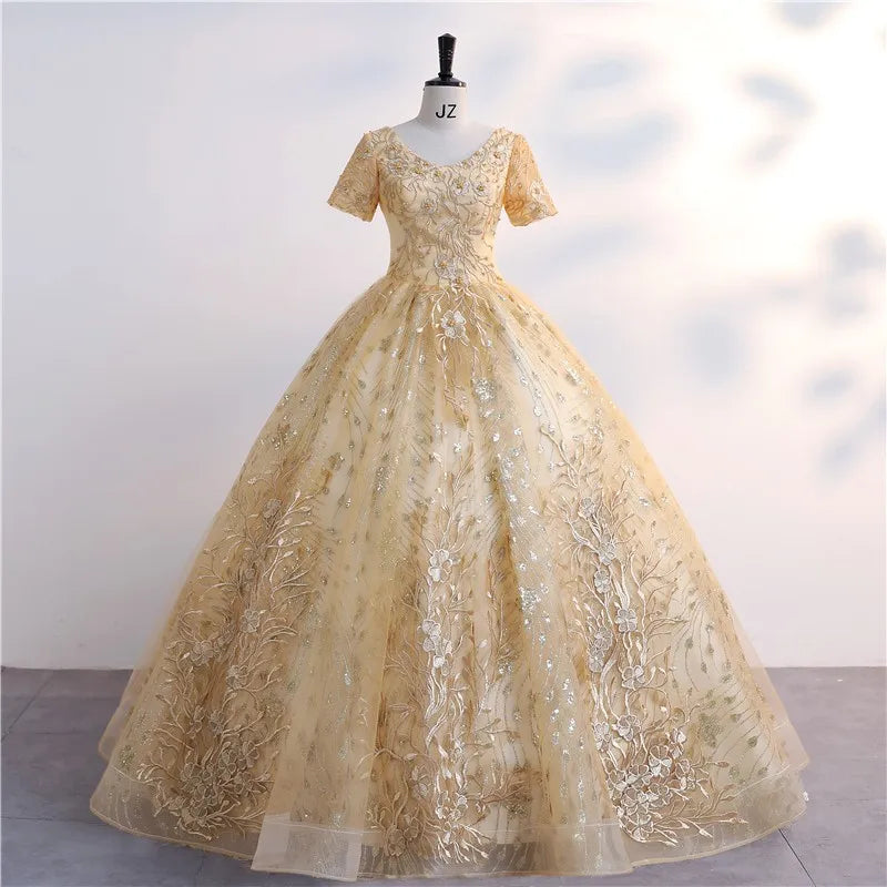 Luxurious Gold Lace Embroidered Ball Gown Dress on Luulla