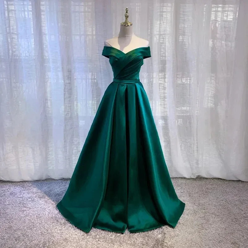 Off-shoulder Emerald Green Satin Evening Gown