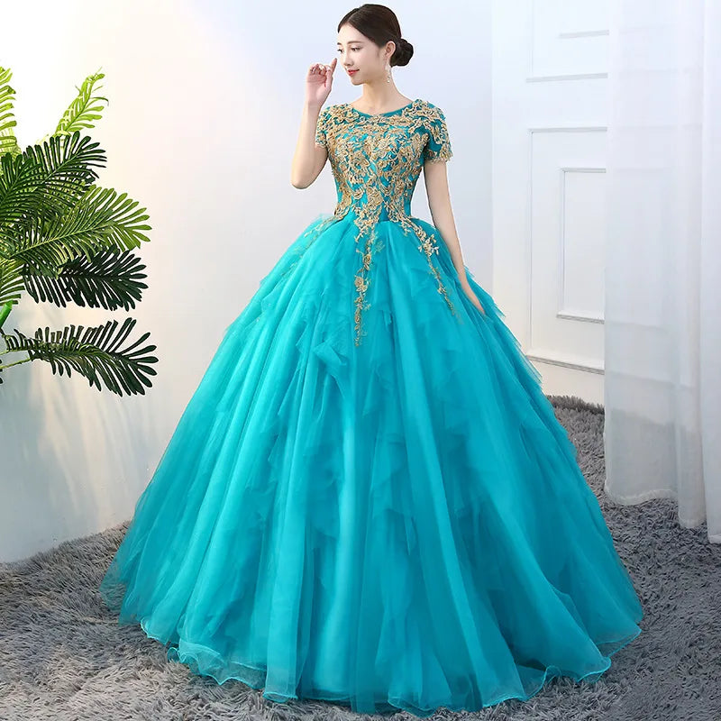 Ball Gown Turquoise Dress With Gold Embroidery