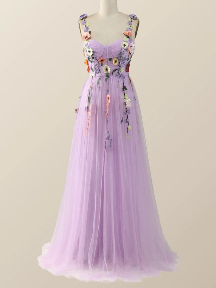 Lavender Floral Embroidered Sleeveless Tulle Gown Dress on Luulla