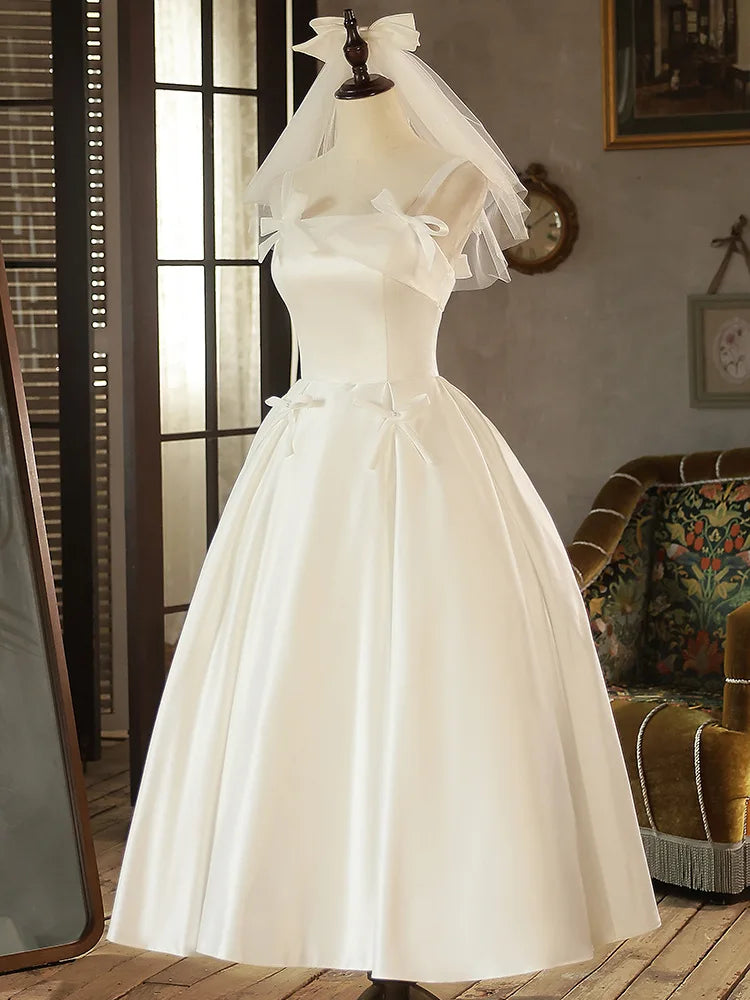 Vintage A-Line Midi Wedding Dress with Bows
