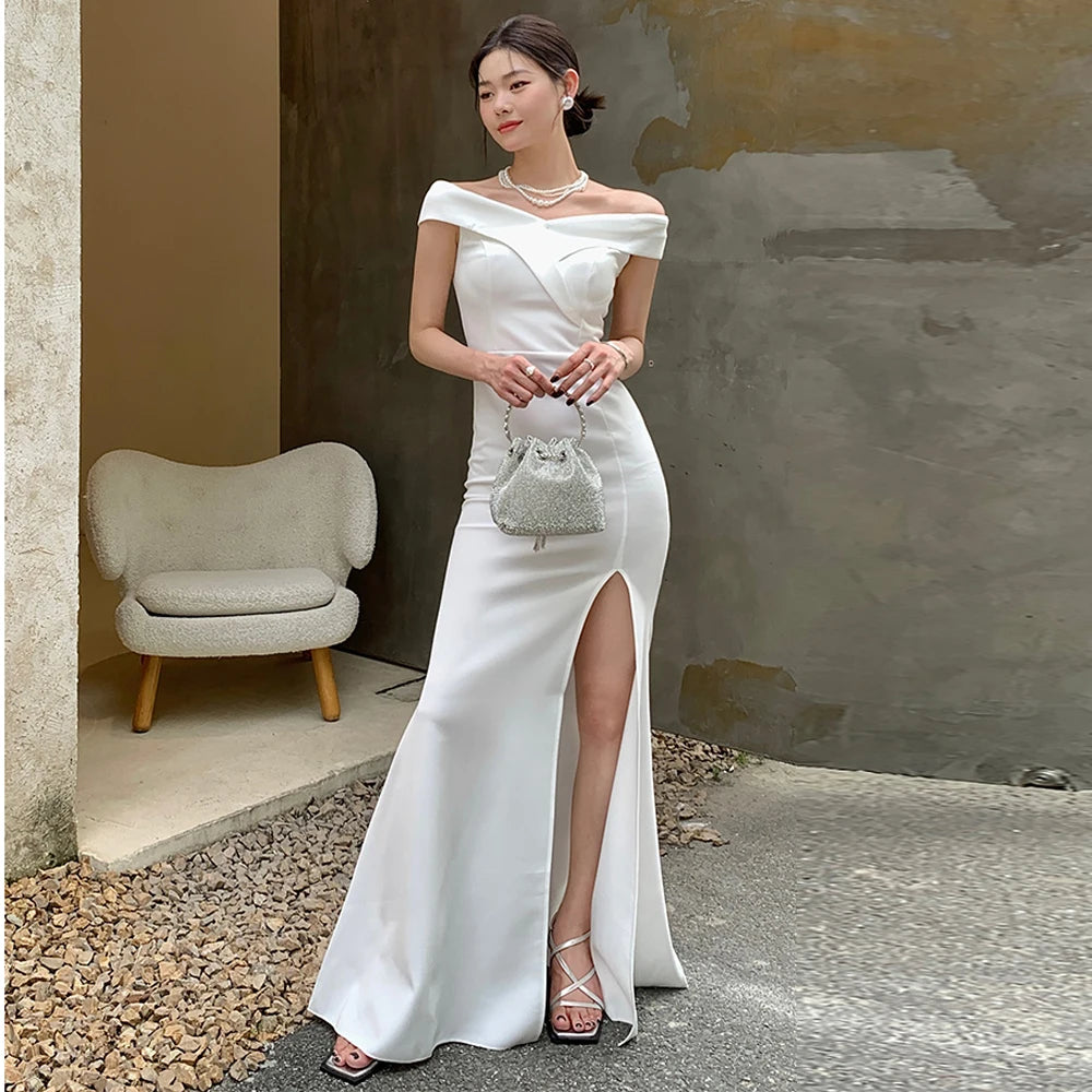 off the shoulder white dress with slit Charming A Line Off the Shoulder Tulle Wedding Dresses with Slit Ivory