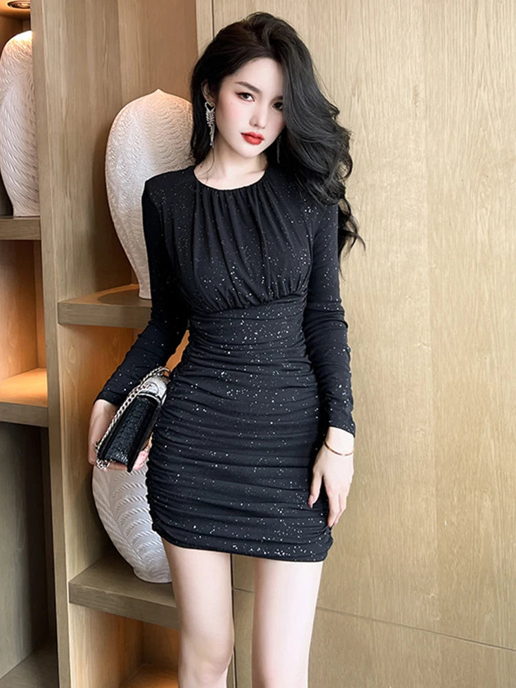 Sparkling Black Ruched Long Sleeve Bodycon Dress on Luulla