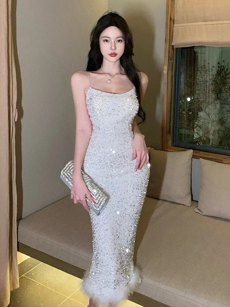 Sparkling Sleeveless White Sequin Evening Gown on Luulla