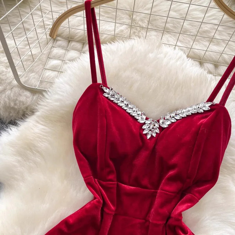 red satin dress with diamond straps Juliet Satin Rhinestone Straps Corset Dress (Wine Red)
