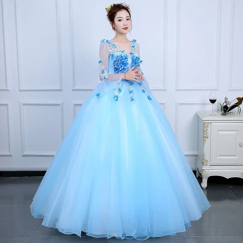 Blue Ball Gown with Floral Appliques Design