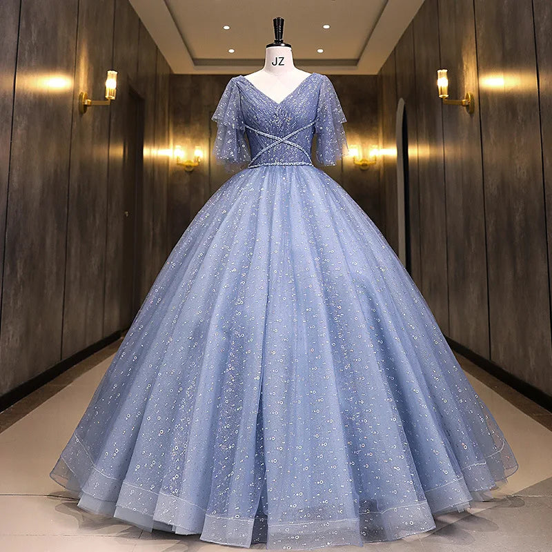 blue layered tulle dress Ladivine 9315 Size 10 Light Blue Long Layered Tulle Ballgown Sheer Lace Corset Prom Dress off the shoulder main image 0