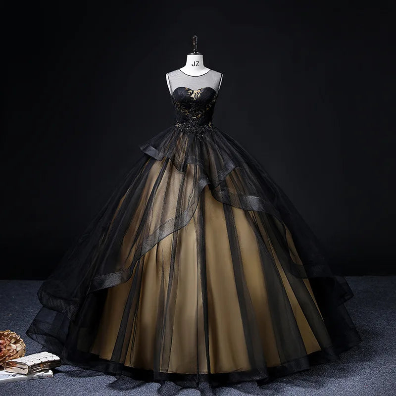 Black Tulle Layered Gown With Gold Accents