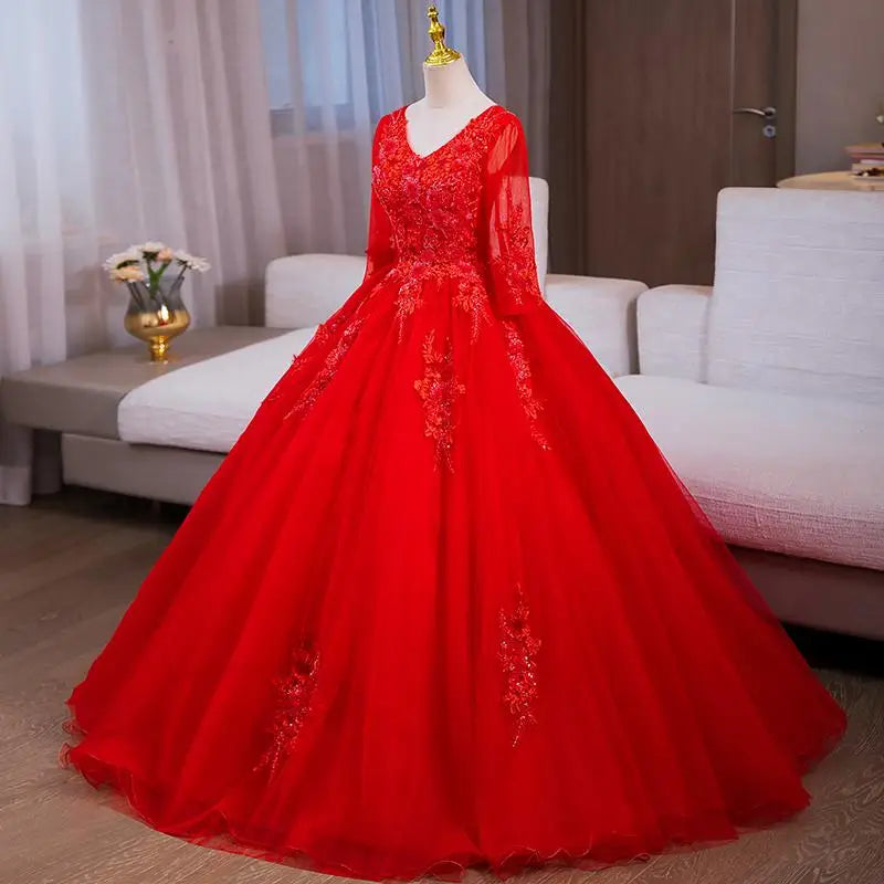 long sleeve red ball gown dress Glamorous High Neck Long Sleeve Red Prom Dress Long With Split