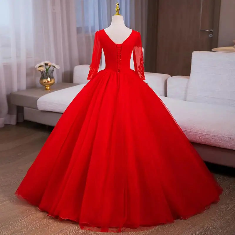 Stunning Red Lace Long-sleeve Ball Gown Dress on Luulla
