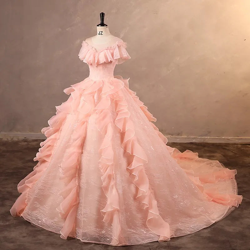 blush pink ruffle wedding dress Glamorous Mountain Wedding with a Blush Wedding Dress