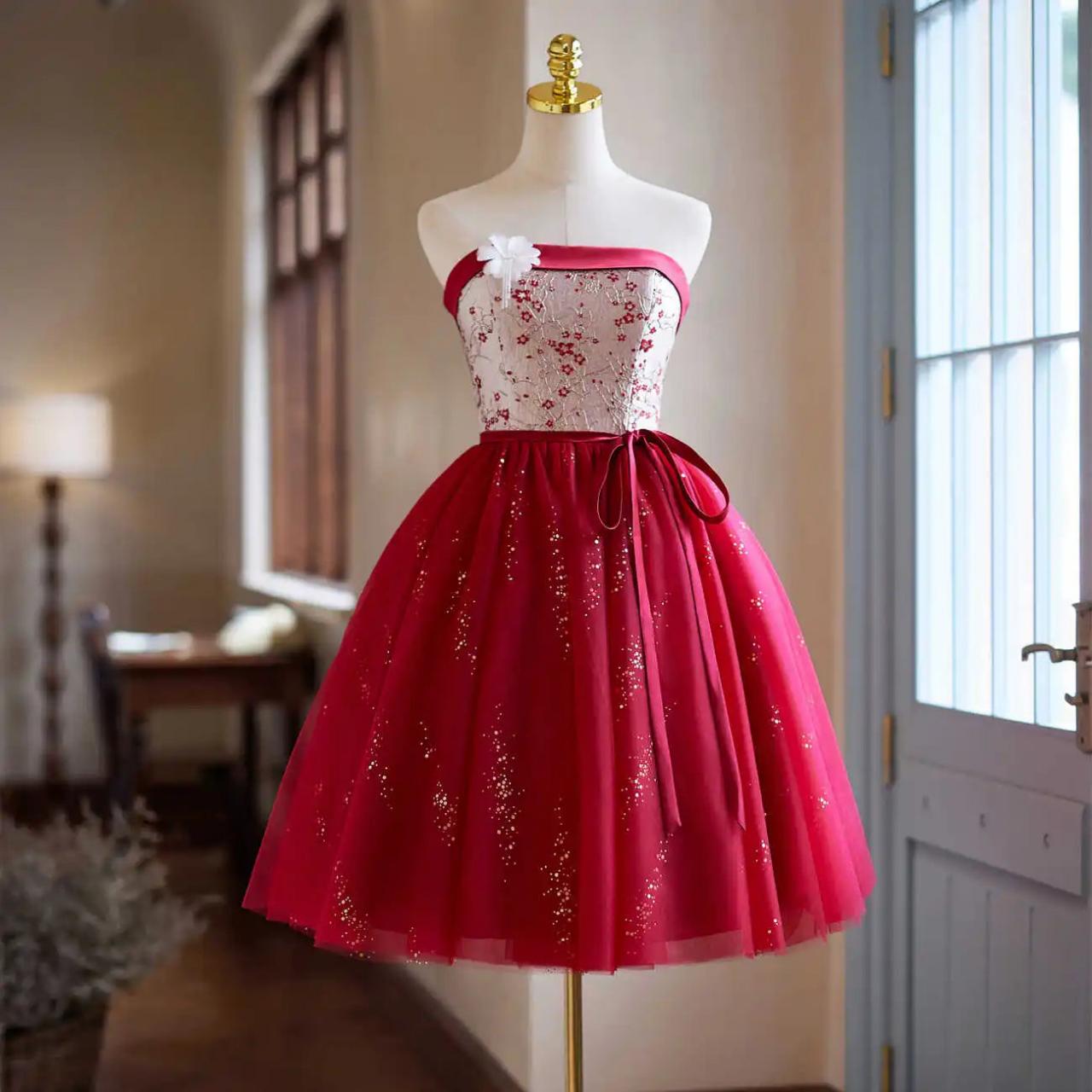 Strapless Red Sequin Floral Party Dress Gown