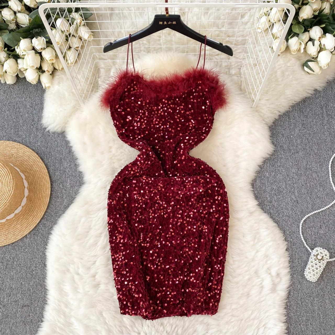 Sequin Bodycon Dress With Faux Fur Trim