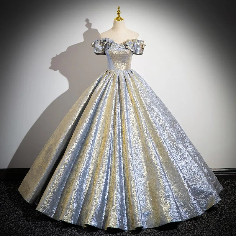 Silver Off-shoulder Gown With Luxurious Brocade Fabric on Luulla