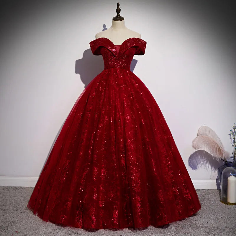 Off-shoulder Red Lace Evening Gown With Glitter on Luulla