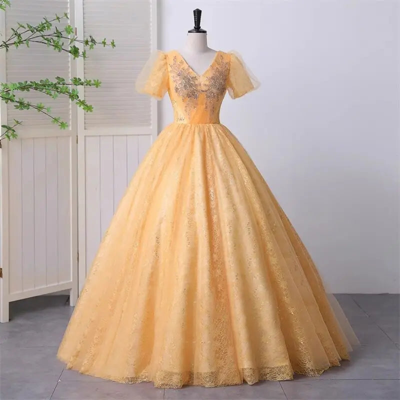 Golden Ball Gown With Puffy Sleeves And Embroidery on Luulla