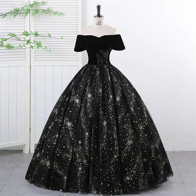 Off-shoulder Black Gown With Starry Pattern