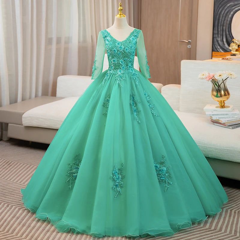 chinese dress ladies Turquoise Satin Lace Ball Gown Formal Prom Dress EN5407 Size 8 / Turquoise