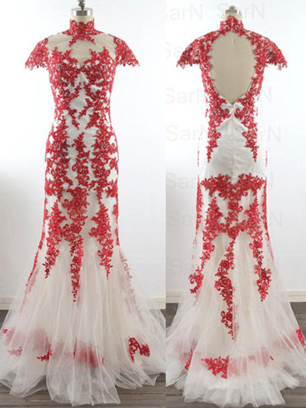 Elegant Sheath Evening Dress Tulle Evening Dress Floor-Length Evening Dress High Neck Prom Dress