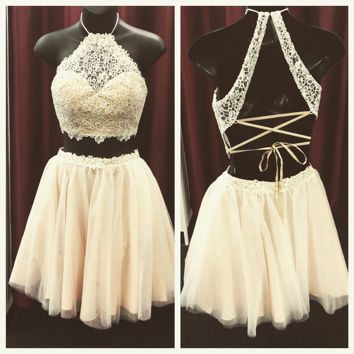 Hd60813 High Quality Homecoming Dress,lace Homecoming Dress,halter Graduation Dress,two Pieces Satin Prom Dress