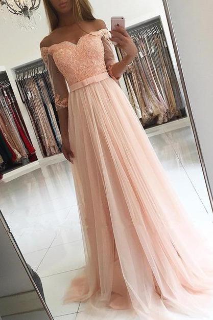 Pd70907 Charming Prom Dress,Tulle Prom Dress, Appliques Prom Dress,Half-Sleeves Evening Dress