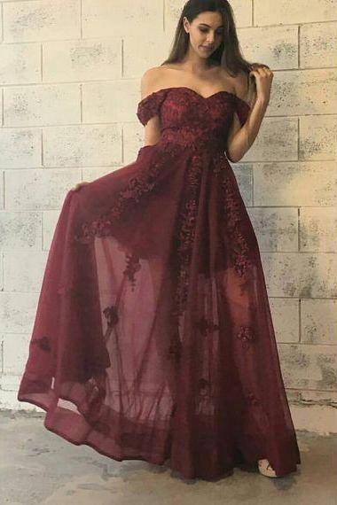 Pd71018 Charming Prom Dress,Tulle Prom Dress, Appliques Prom Dress,Off the Shoulder Evening Dress
