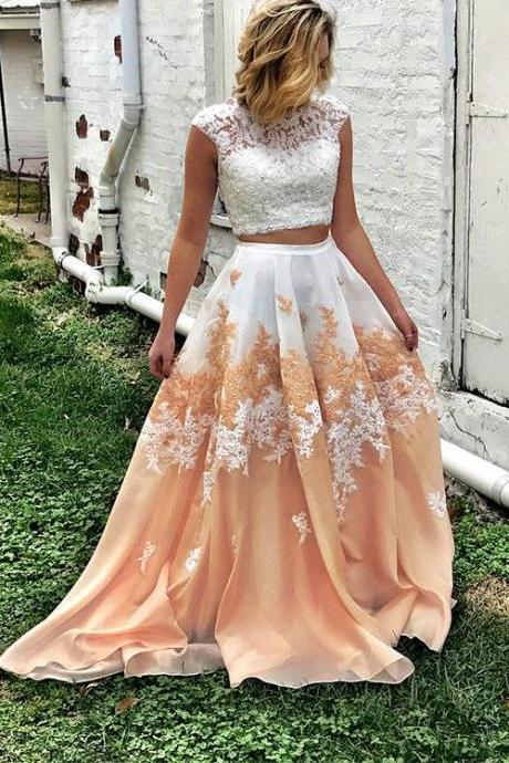Pd71206 Charming Prom Dress,Two Pieces Prom Dress, Appliques Prom Dress,Floor-Length Evening Dress