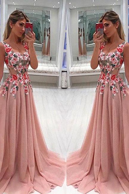 Pd80205 Charming Prom Dress,Tulle Evening Dresses,Appliques Prom Dresses,V-Neck Prom Gown