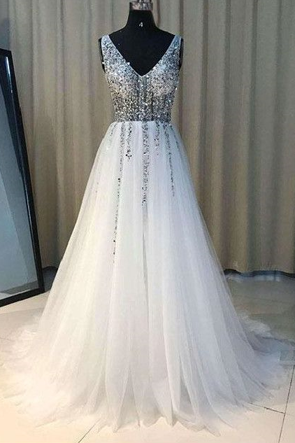 Pd80206 Charming Prom Dress,tulle Evening Dresses,sequined Prom Dresses,v-neck Prom Gown