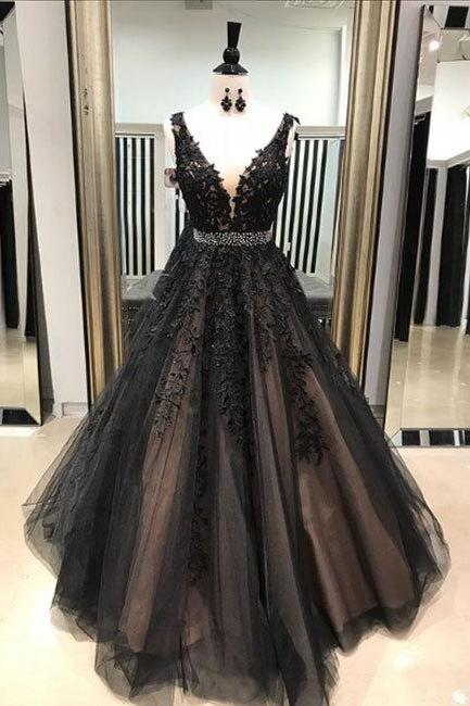 Pd80308 Charming Prom Dress,Tulle Evening Dresses,V-Neck Prom Dresses,Appliques Prom Gown