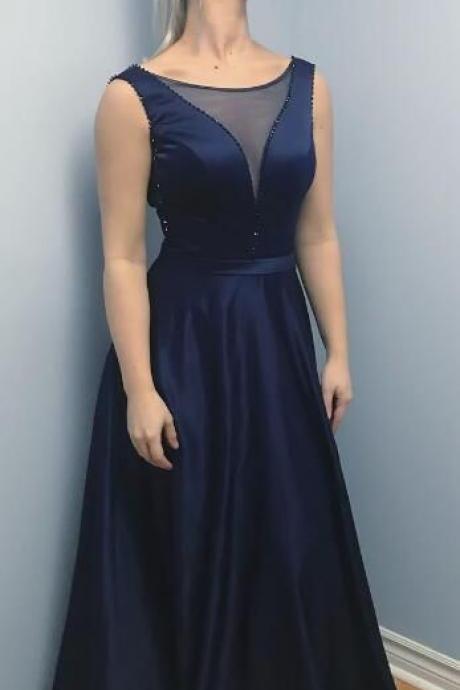Pd80513 Navy Blue Prom Dress,Satin Evening Dresses,O-Neck Prom Dresses,A-Line Prom Gown
