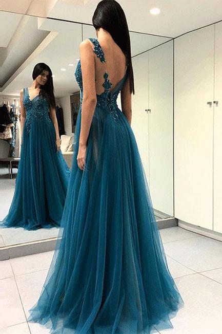Pd80527 Noble Prom Dress,Tulle Evening Dresses,Appliques Prom Dresses,V-Neck Prom Gown