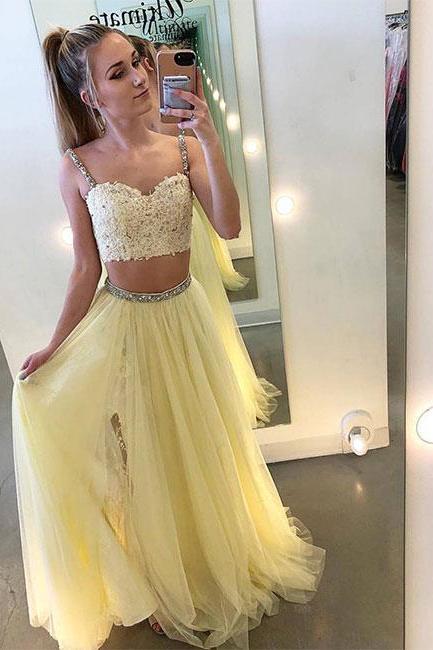 Pd80529 Noble Prom Dress,Two Pieces Evening Dresses,Appliques Prom Dresses,Spaghetti Straps Prom Gown