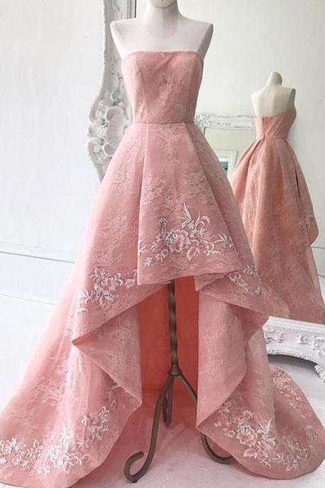 Pd80601 Pink Prom Dress,Strapless Evening Dresses,Appliques Prom Dresses,High/Low Prom Gown