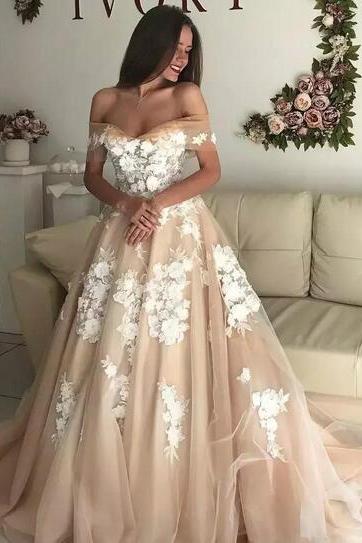 Pd80602 Charming Prom Dress,Off the Shoulder Evening Dresses,Appliques Prom Dresses,Ball Gown Prom Gown
