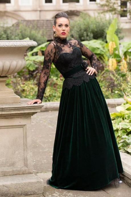 Pd80804 Charming Prom Dress,Lace Evening Dresses,Long-Sleeves Prom Dresses,A-Line Prom Gown