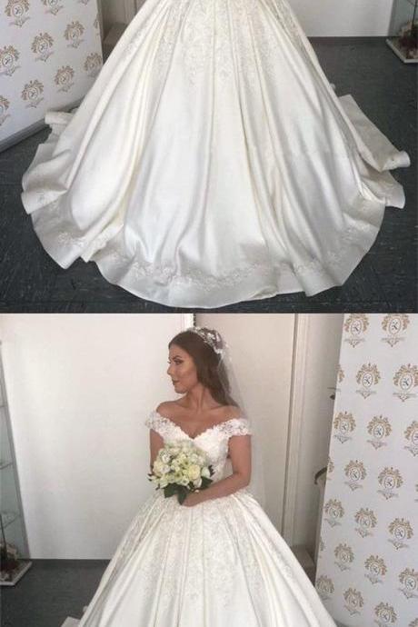 Pd80912 Romantic Wedding Dress,Satin Wedding Dresses,Appliques Prom Dresses,Off the Shoulder Prom Gown