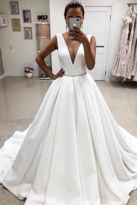 Pd80914 Romantic Wedding Dress,Satin Wedding Dresses,V-Neck Prom Dresses,Noble Prom Gown