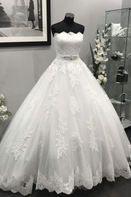 Pd81002 Romantic Wedding Dress,Tulle Wedding Dresses,Appliques Prom Dresses,Strapless Prom Gown