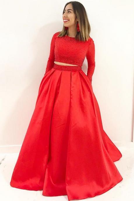 Pd81007 Charming Prom Dress,Long-Sleeves Evening Dresses,Satin Prom Dresses,Two Pieces Prom Gown