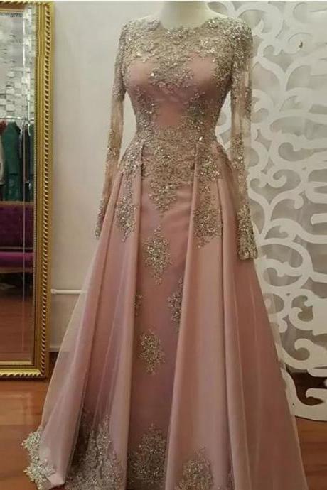 Pd81014 Charming Prom Dress,satin Evening Dresses,appliques Prom Dresses,long-sleeves Prom Gown