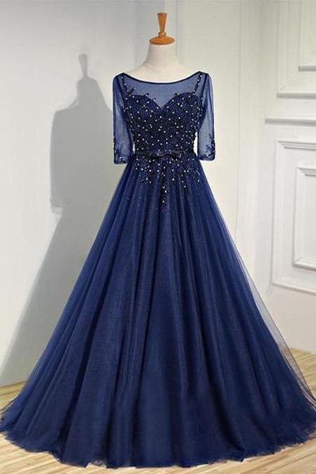 Pd81026 Navy Prom Dress,tulle Evening Dresses,a-line Prom Dresses,beading Prom Gown