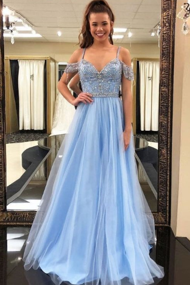 Pd81034 Blue Prom Dress,Tulle Evening Dresses,A-Line Prom Dresses,Beading Prom Gown