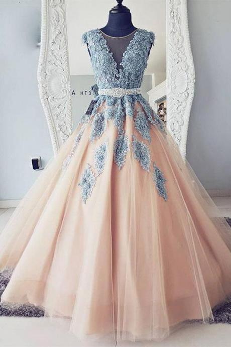 Pd81102 Charming Prom Dress,tulle Evening Dresses,appliques Prom Dresses,o-neck Prom Gown
