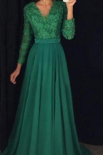 Pd81115 Green Prom Dress,Chiffon Evening Dresses,A-Line Prom Dresses,V-Neck Prom Gown