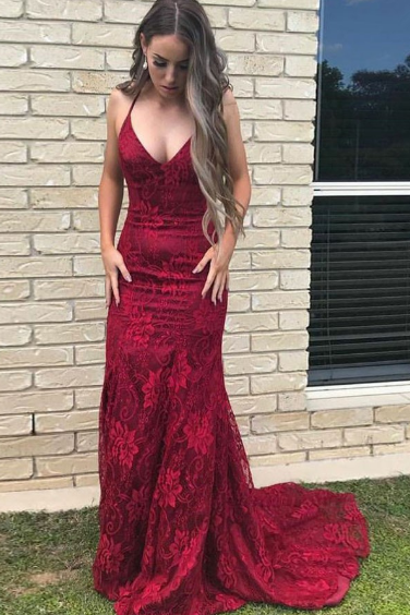 Pd81126 Burgundy Prom Dress,Lace Evening Dresses,Mermaid Prom Dresses,Spaghetti Straps Prom Gown