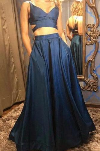 Pd81137 Charming Prom Dress,Two Pieces Evening Dresses,Satin Prom Dresses,V-Neck Prom Gown